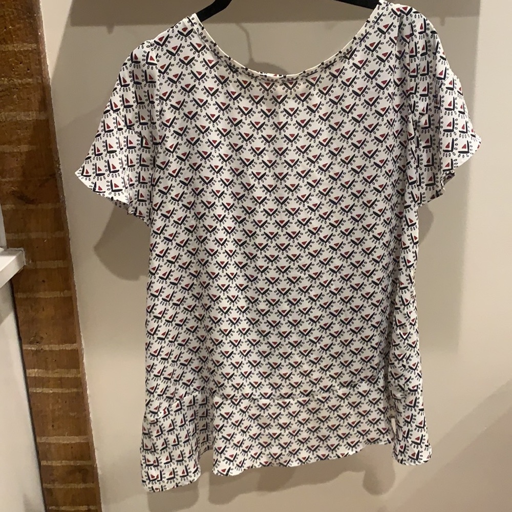 Ann Taylor Loft, size small petite. White with red and black pattern blouse.